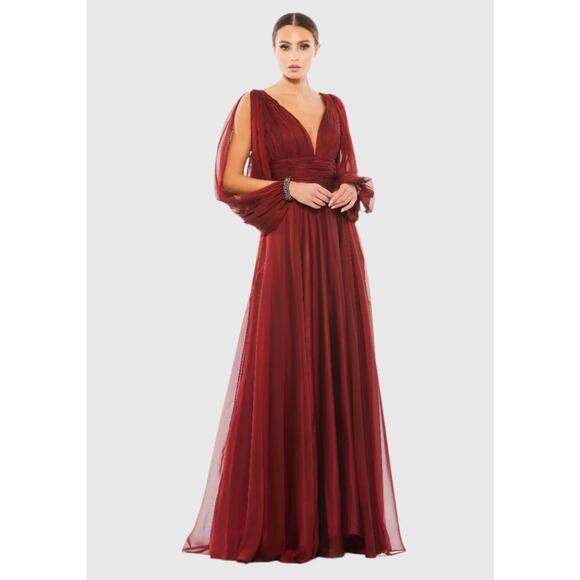 Mac Duggal Red Chiffon Open Sleeve A Line Gown Garnet Size 14 NWT 67414 Romantic - Picture 1 of 16